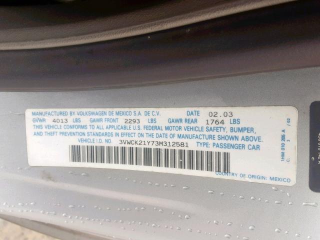 3VWCK21Y73M312581 - 2003 VOLKSWAGEN NEW BEETLE ვერცხლისფერი ფოტო 10