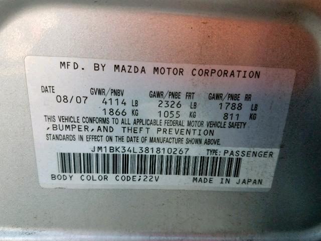 JM1BK34L381810267 - 2008 MAZDA SPEED 3 SILVER photo 10