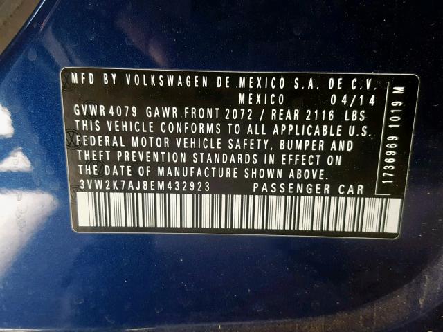 3VW2K7AJ8EM432923 - 2014 VOLKSWAGEN JETTA BASE BLUE photo 10