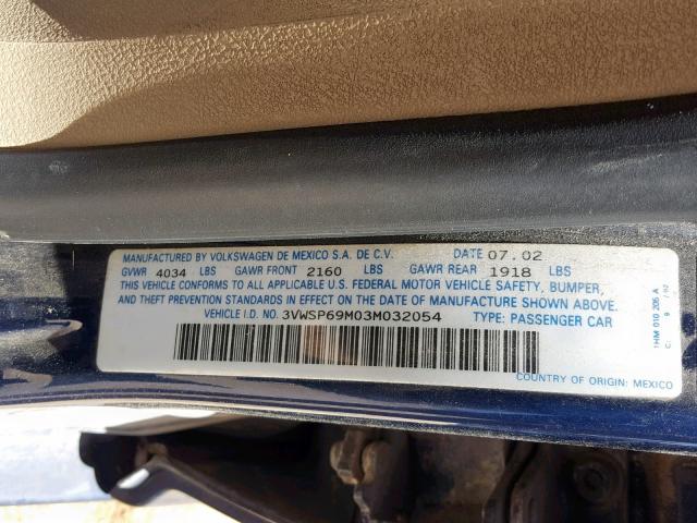 3VWSP69M03M032054 - 2003 VOLKSWAGEN JETTA GLS BLUE photo 10