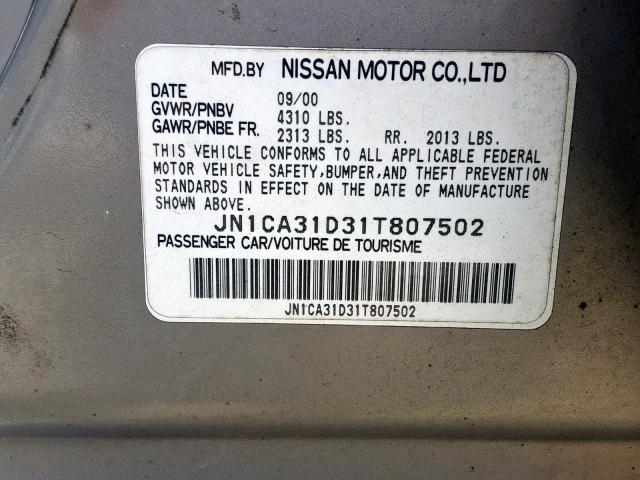 JN1CA31D31T807502 - 2001 NISSAN MAXIMA GXE SILVER photo 10