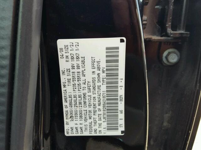 5J8TB18288A018711 - 2008 ACURA RDX BLACK photo 10