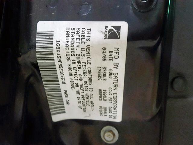 1G8AJ52F35Z165618 - 2005 SATURN ION LEVEL GRAY photo 10