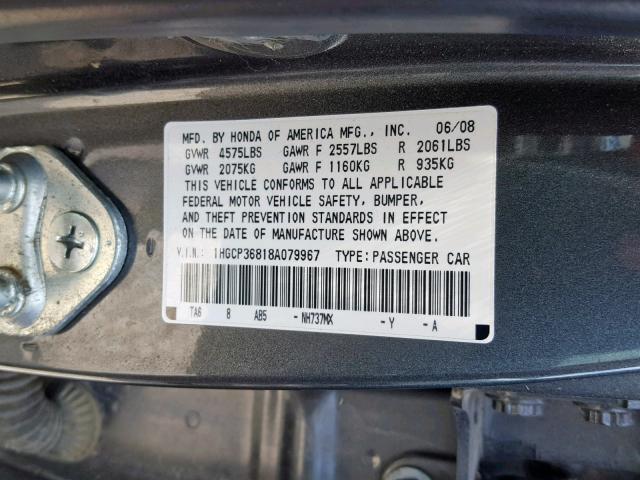 1HGCP36818A079967 - 2008 HONDA ACCORD EXL GRAY photo 10