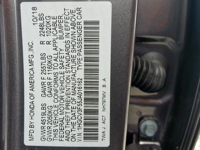 1HGCV3F55JA016162 - 2018 HONDA ACCORD HYB GRAY photo 10