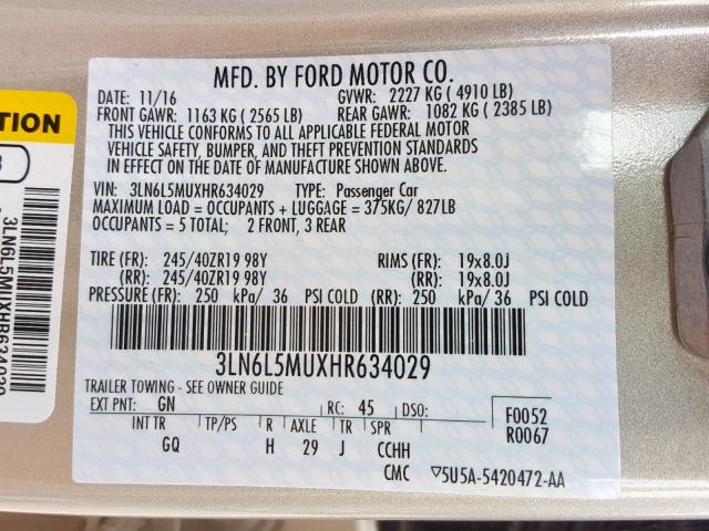 3LN6L5MUXHR634029 - 2017 LINCOLN MKZ HYBRID BEIGE photo 10