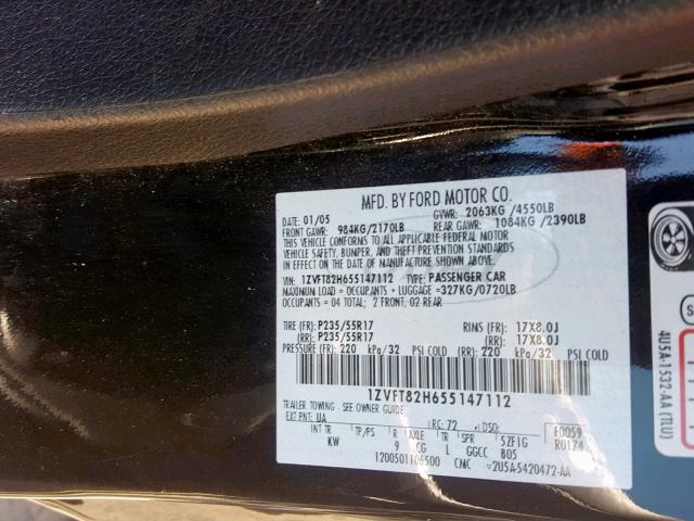 1ZVFT82H655147112 - 2005 FORD MUSTANG GT BLACK photo 10