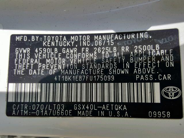 4T1BK1EB7FU175099 - 2015 TOYOTA AVALON XLE WHITE photo 10