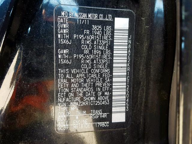 JN8AZ2KR1CT250453 - 2012 NISSAN CUBE BASE BLACK photo 10