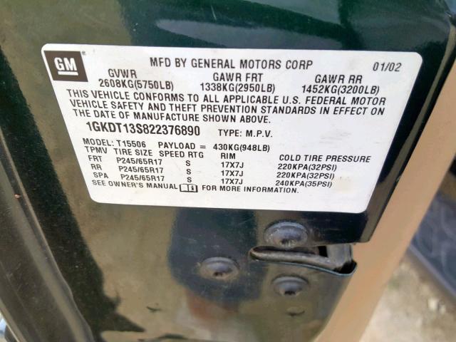 1GKDT13S822376890 - 2002 GMC ENVOY GREEN photo 10