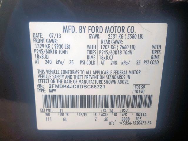 2FMDK4JC9DBC68721 - 2013 FORD EDGE SEL BLACK photo 10