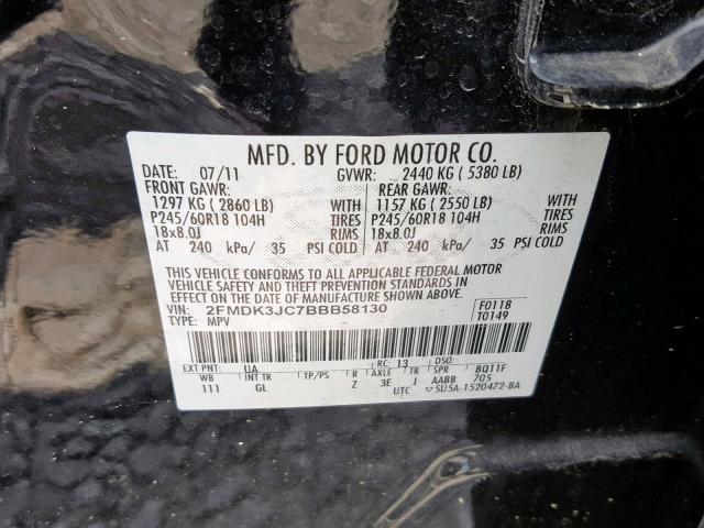 2FMDK3JC7BBB58130 - 2011 FORD EDGE SEL BLACK photo 10