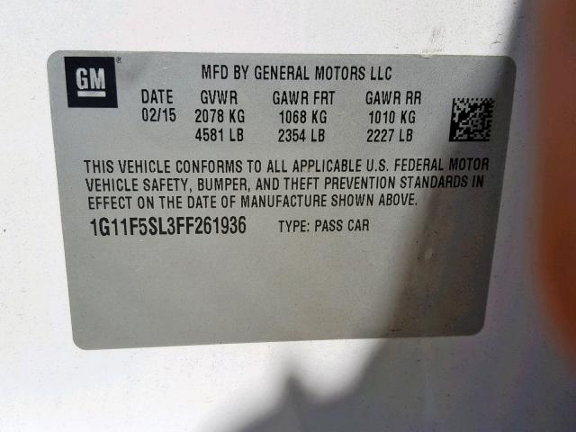 1G11F5SL3FF261936 - 2015 CHEVROLET MALIBU LTZ თეთრი ფოტო 10