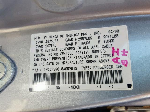 1HGCP36818A062019 - 2008 HONDA ACCORD EXL SILVER photo 10