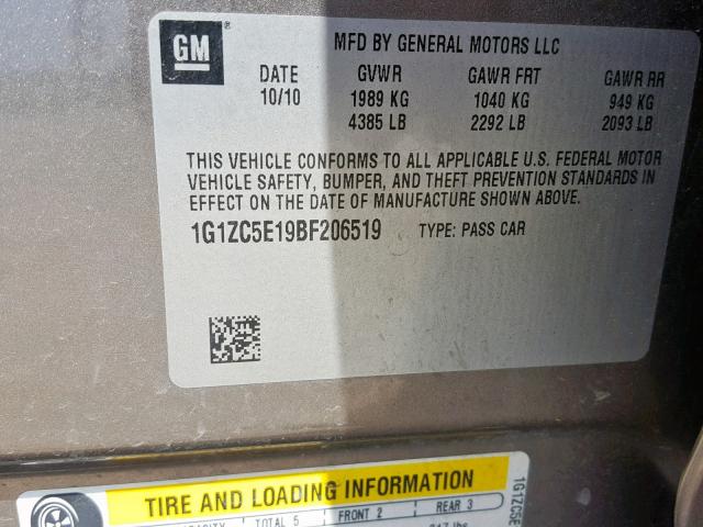 1G1ZC5E19BF206519 - 2011 CHEVROLET MALIBU 1LT 灰色 照片 10