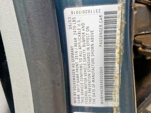 WVWYH63B94E002849 - 2004 VOLKSWAGEN PASSAT GLX 灰色 照片 10