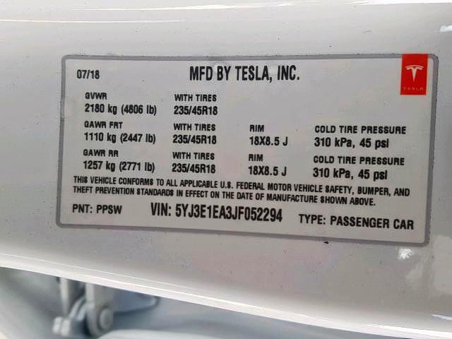 5YJ3E1EA3JF052294 - 2018 TESLA MODEL 3 WHITE photo 10