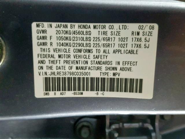 JHLRE38798C035001 - 2008 HONDA CR-V EXL SILVER photo 10