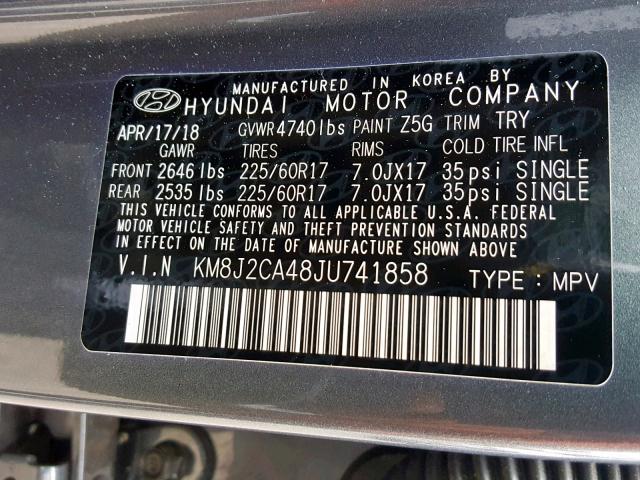 KM8J2CA48JU741858 - 2018 HYUNDAI TUCSON SE GRAY photo 10