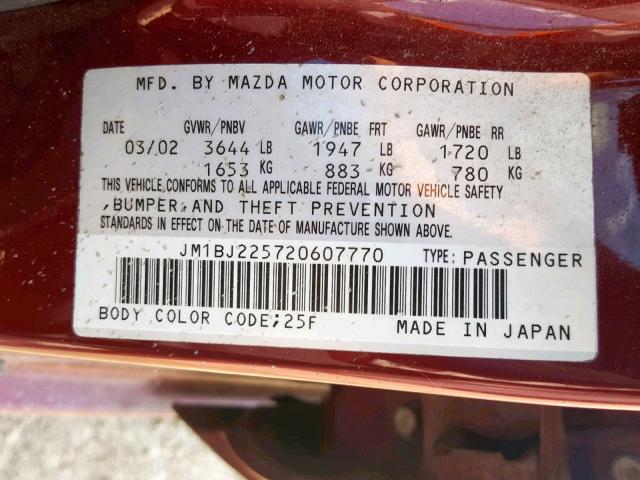 JM1BJ225720607770 - 2002 MAZDA PROTEGE RED photo 10