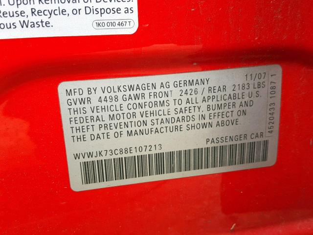 WVWJK73C88E107213 - 2008 VOLKSWAGEN PASSAT TUR RED photo 10