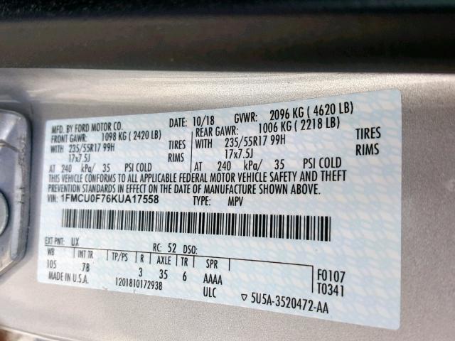 1FMCU0F76KUA17558 - 2019 FORD ESCAPE S GRAY photo 10