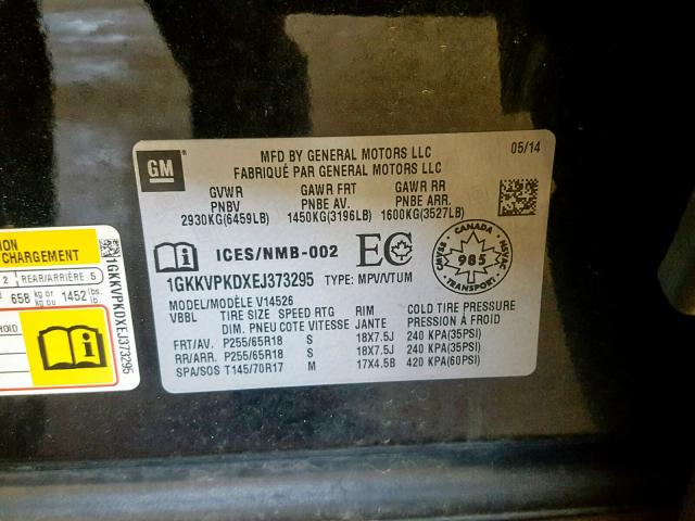 1GKKVPKDXEJ373295 - 2014 GMC ACADIA SLE BLACK photo 10