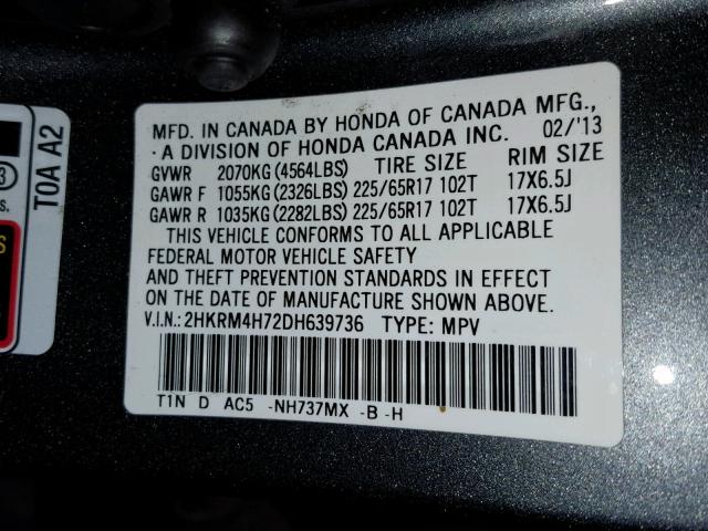 2HKRM4H72DH639736 - 2013 HONDA CR-V EXL GRAY photo 10