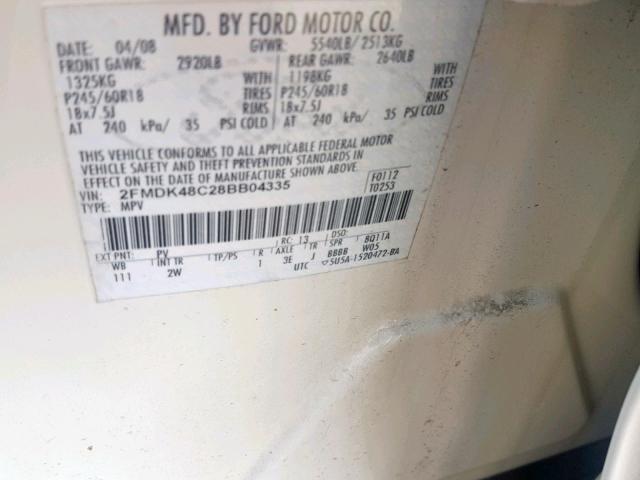 2FMDK48C28BB04335 - 2008 FORD EDGE SEL WHITE photo 10