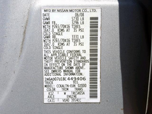 1N6AD07U18C449406 - 2008 NISSAN FRONTIER C SILVER photo 10