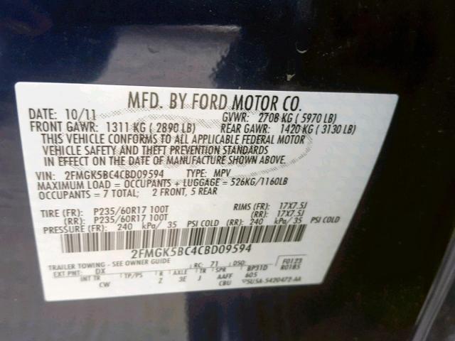 2FMGK5BC4CBD09594 - 2012 FORD FLEX SE BLUE photo 10