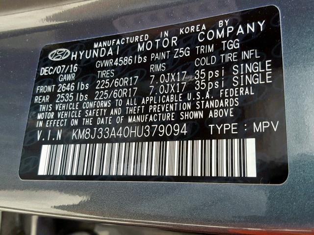 KM8J33A40HU379094 - 2017 HYUNDAI TUCSON LIM GRAY photo 10