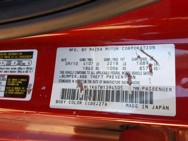 JM1BL1K67B1394505 - 2011 MAZDA 3 S RED photo 10