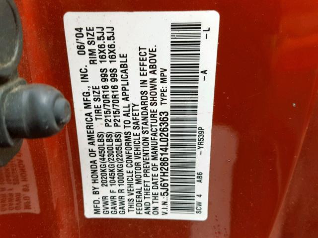 5J6YH28614L026363 - 2004 HONDA ELEMENT EX ORANGE photo 10