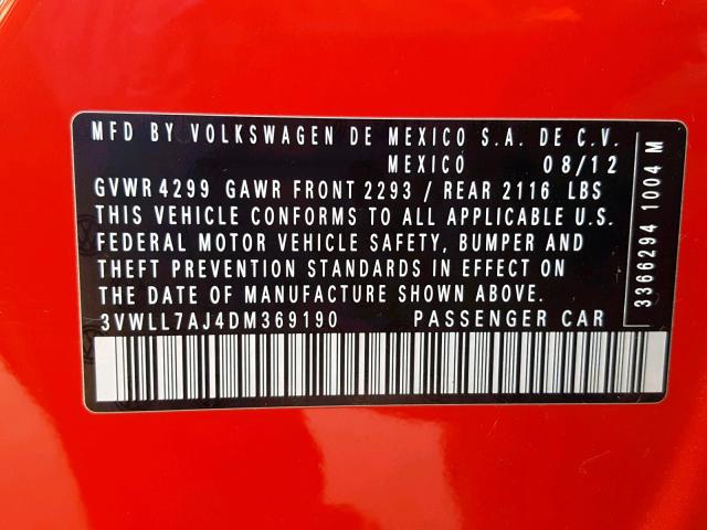 3VWLL7AJ4DM369190 - 2013 VOLKSWAGEN JETTA TDI RED photo 10