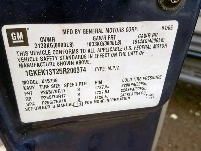 1GKEK13T25R206374 - 2005 GMC YUKON BLUE photo 10