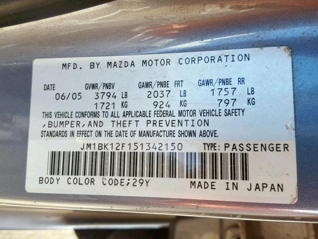 JM1BK12F151342150 - 2005 MAZDA 3 I SILVER photo 10