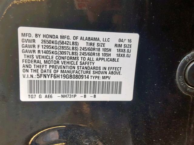 5FNYF6H19GB080914 - 2016 HONDA PILOT LX BLACK photo 10