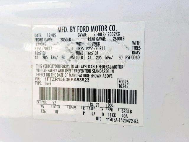 1FTZR15E36PA53623 - 2006 FORD RANGER SUP WHITE photo 10