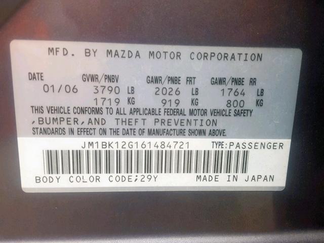 JM1BK12G161484721 - 2006 MAZDA 3 I GRAY photo 10