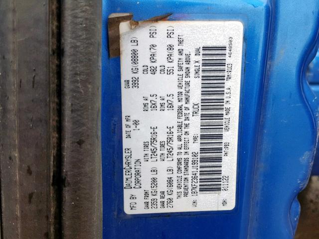 1B7KF23641J199102 - 2001 DODGE RAM 2500 BLUE photo 10