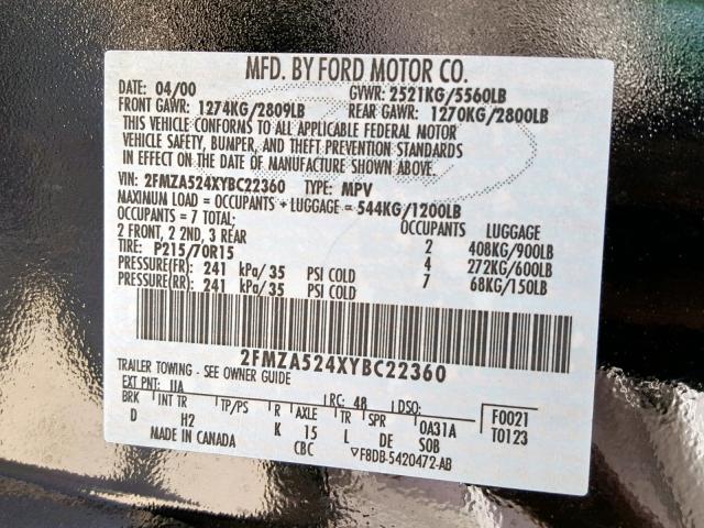 2FMZA524XYBC22360 - 2000 FORD WINDSTAR S BLACK photo 10