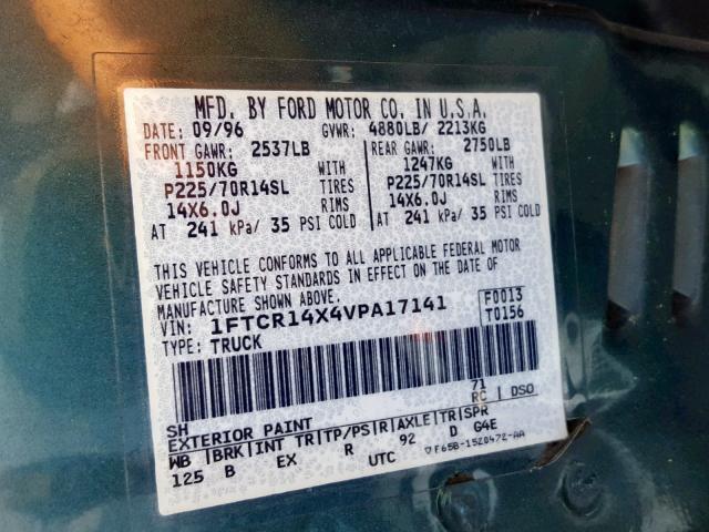 1FTCR14X4VPA17141 - 1997 FORD RANGER SUP GREEN photo 10