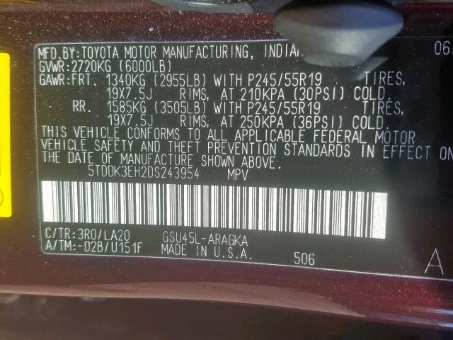 5TDDK3EH2DS243954 - 2013 TOYOTA HIGHLANDER PURPLE photo 10