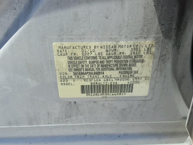 3N1AB6AP3AL660814 - 2010 NISSAN SENTRA 2.0 SILVER photo 10