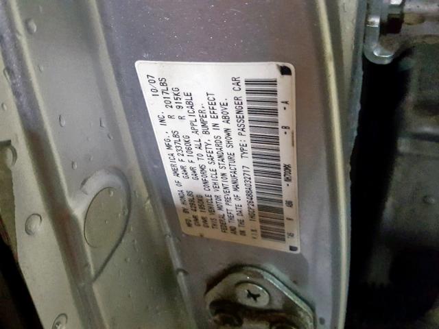 1HGCP26488A032717 - 2008 HONDA ACCORD LXP SILVER photo 10