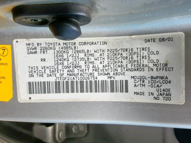 JTEGF21A710026754 - 2001 TOYOTA HIGHLANDER SILVER photo 10