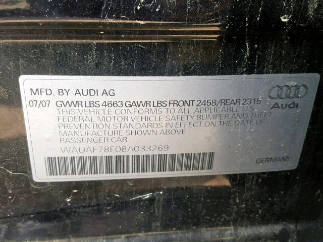 WAUAF78E08A033269 - 2008 AUDI A4 2.0T BLACK photo 10