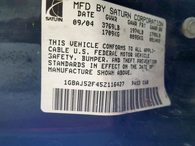 1G8AJ52F45Z116427 - 2005 SATURN ION LEVEL TAN photo 10