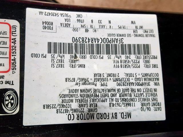 3FAHP0DC4AR428390 - 2010 FORD FUSION SPO BLACK photo 10